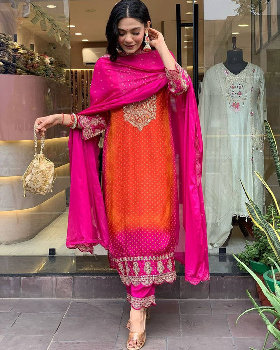Classic Looking Chinon Silk Digital Printed Pink Orange Suit For Girls