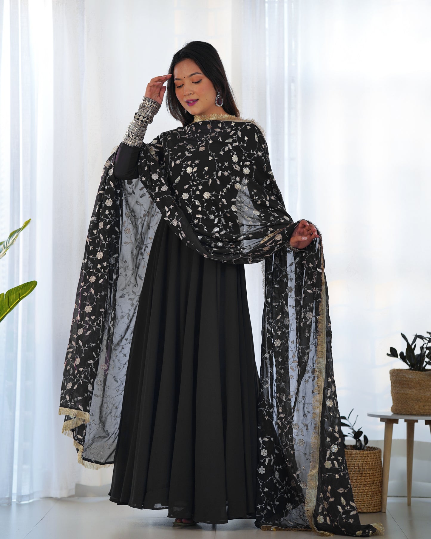 Black Color Heavy Pure Soft Georgette With Sequence Work Gown With Dupatta