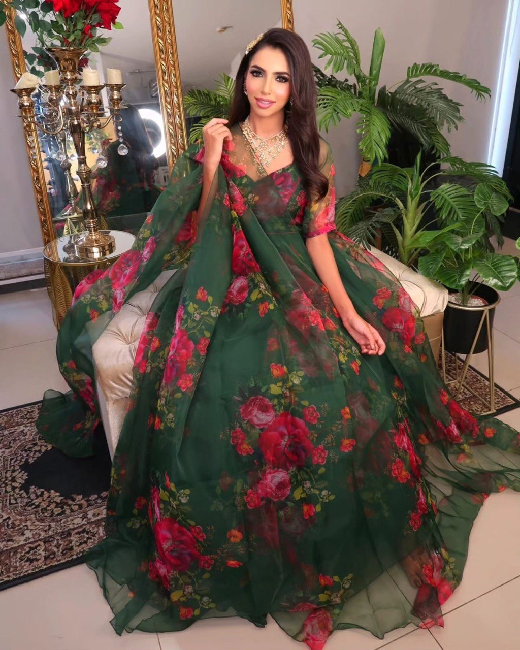 Green Color Pure Organza Silk With Flower Printed Lehenga Choli