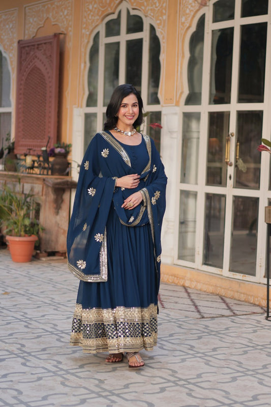 Rama Color Faux Blooming With Sequence Work Long Gown With Dupatta