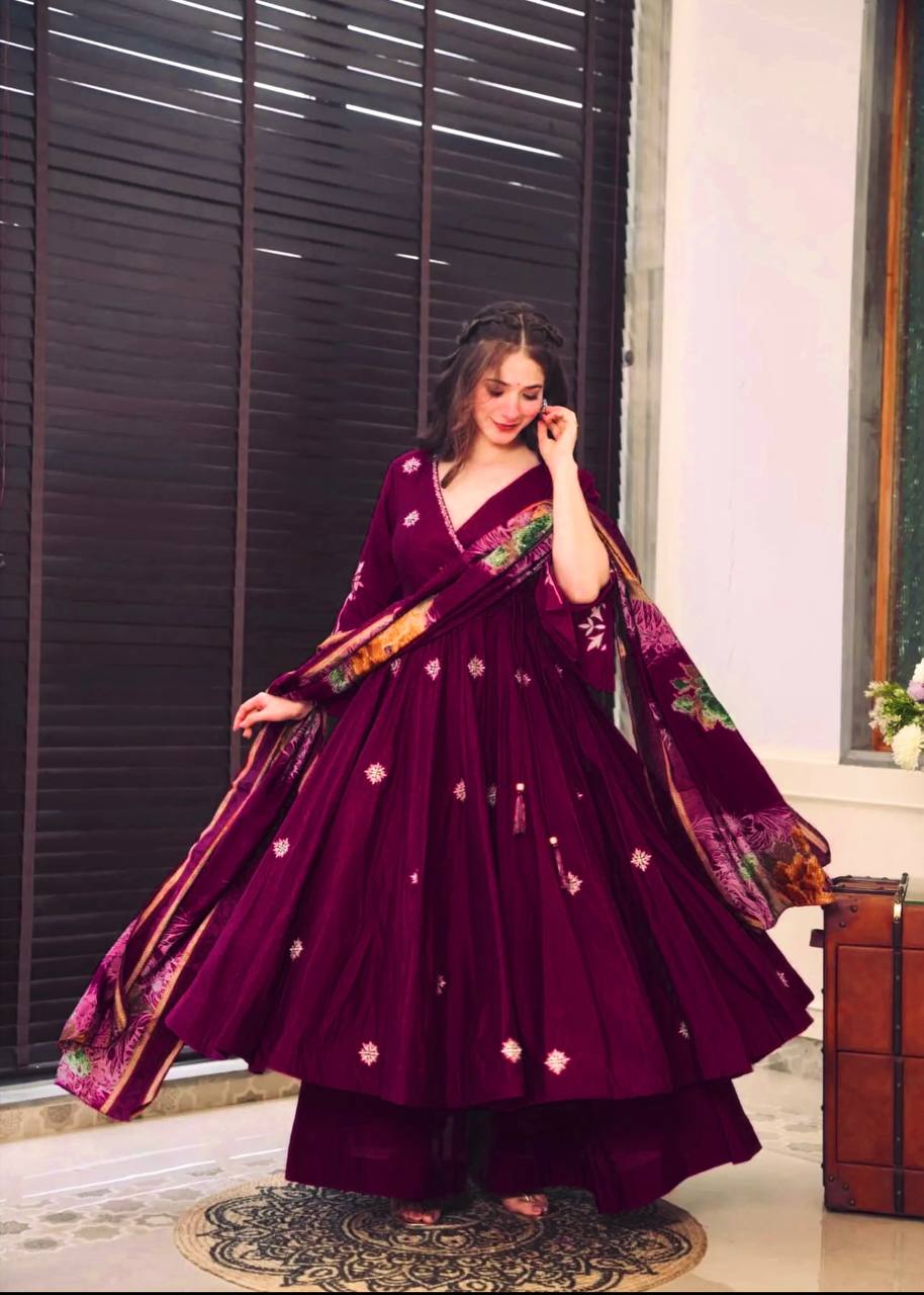 Captivating Maroon WIne Designer Top With Plazo Set And Dupatta