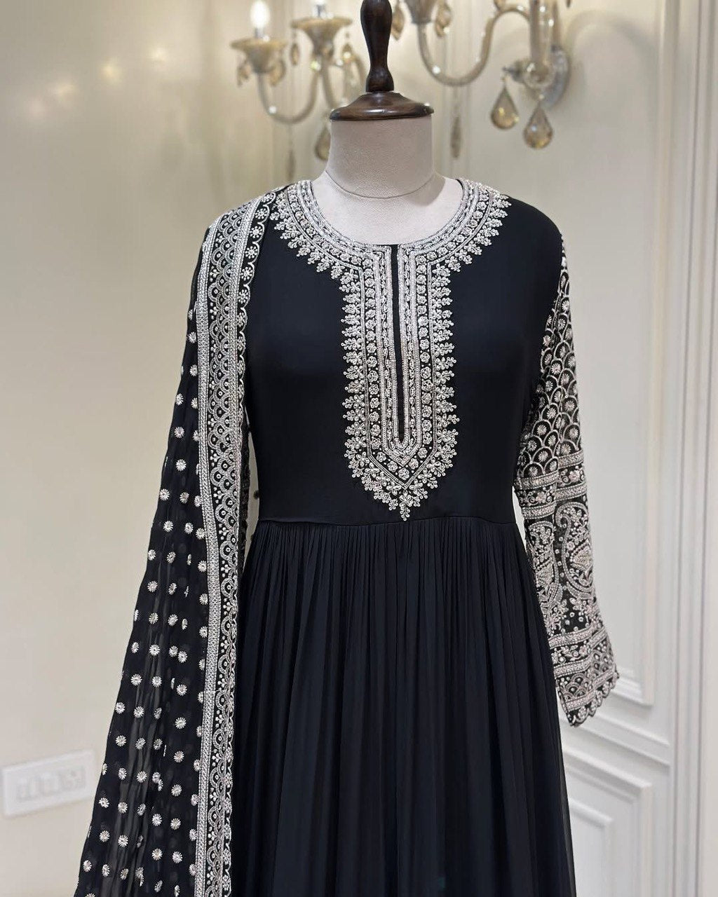 Black dress with white embroidery Work