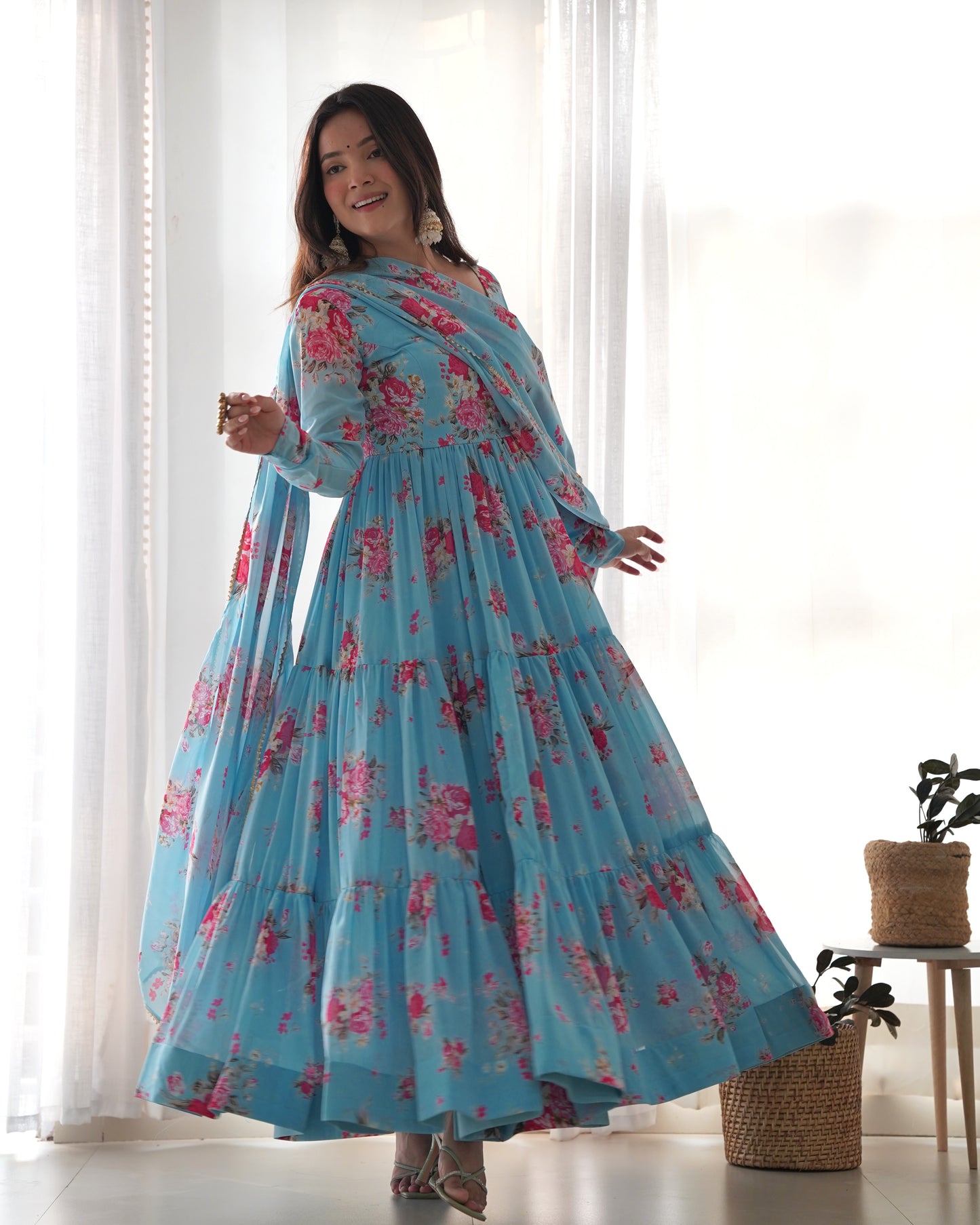 Sky Blue Color Flower Digital Printed Long Anarkali Gown