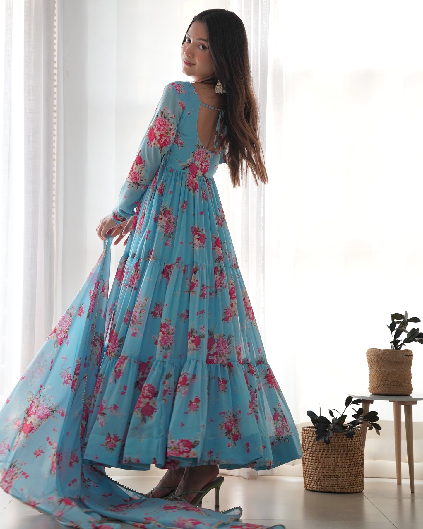 Sky Blue Color Flower Digital Printed Long Anarkali Gown