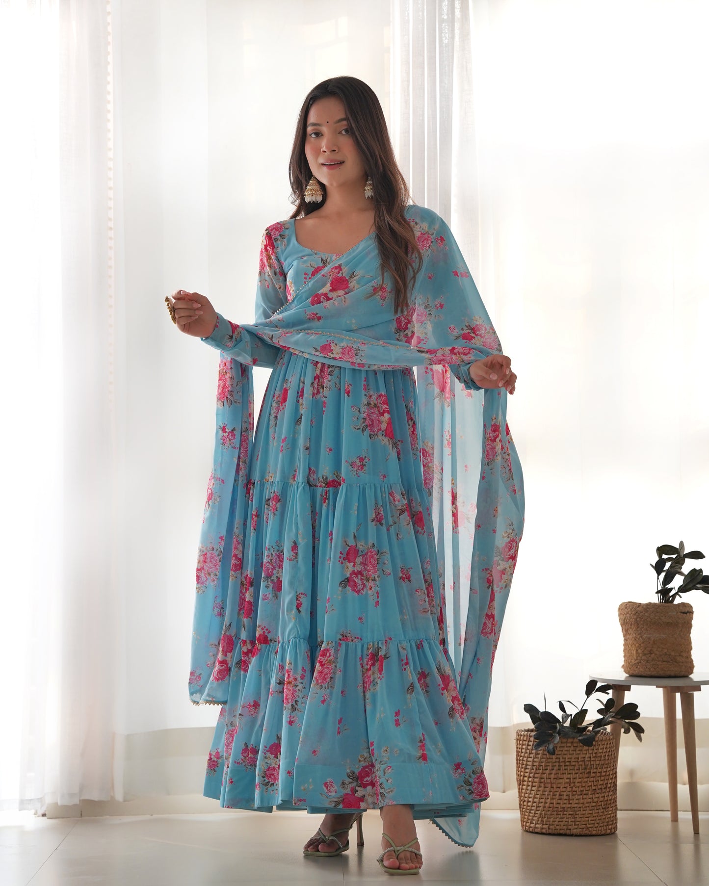 Sky Blue Color Flower Digital Printed Long Anarkali Gown