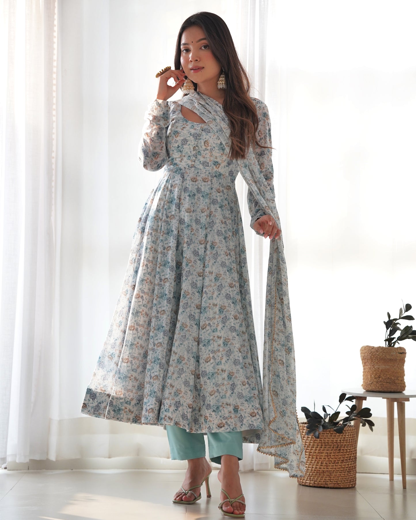 Sky Blue Color Flower Printed Designer Anarkali Gown With Dupatta