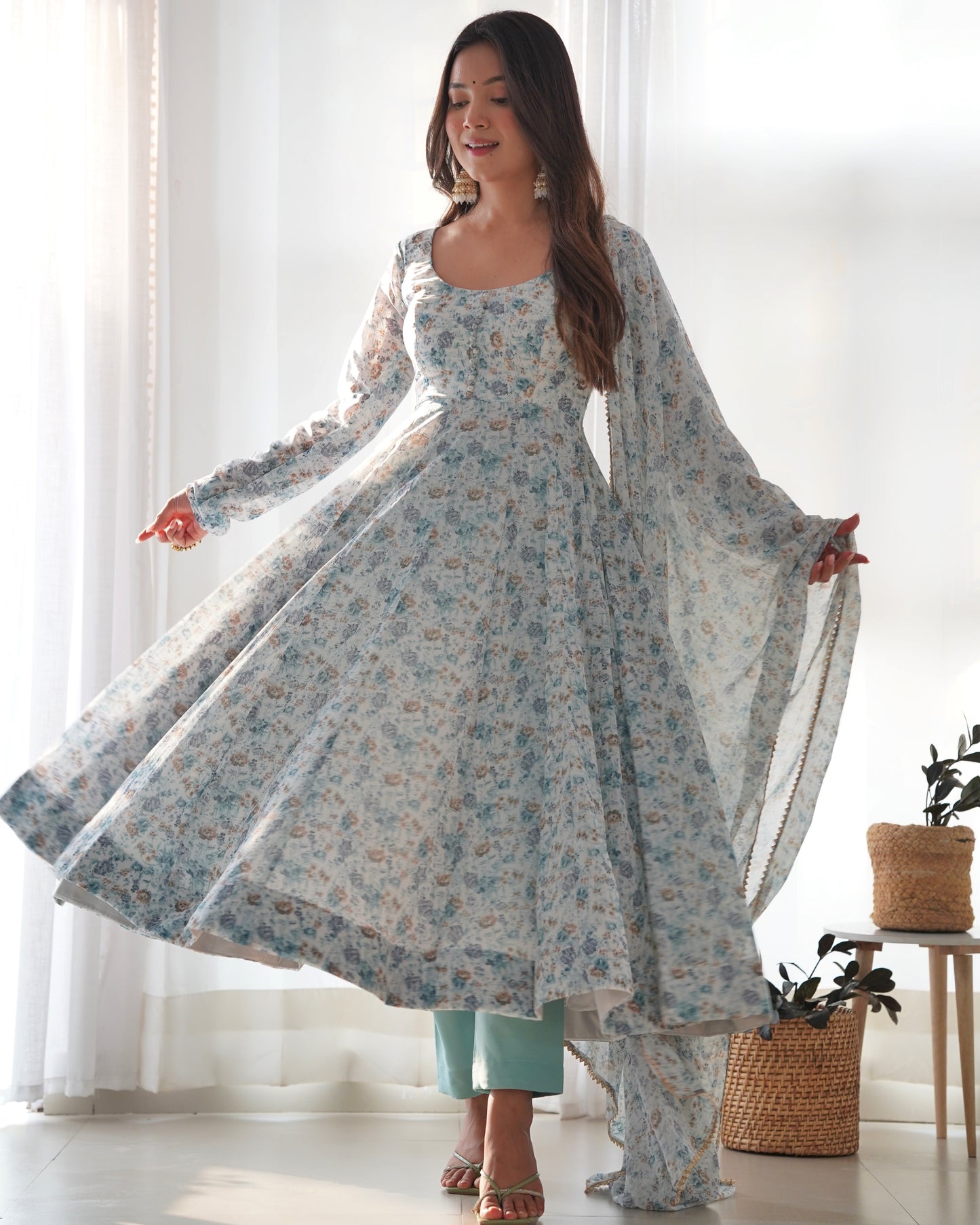 Sky Blue Color Flower Printed Designer Anarkali Gown With Dupatta