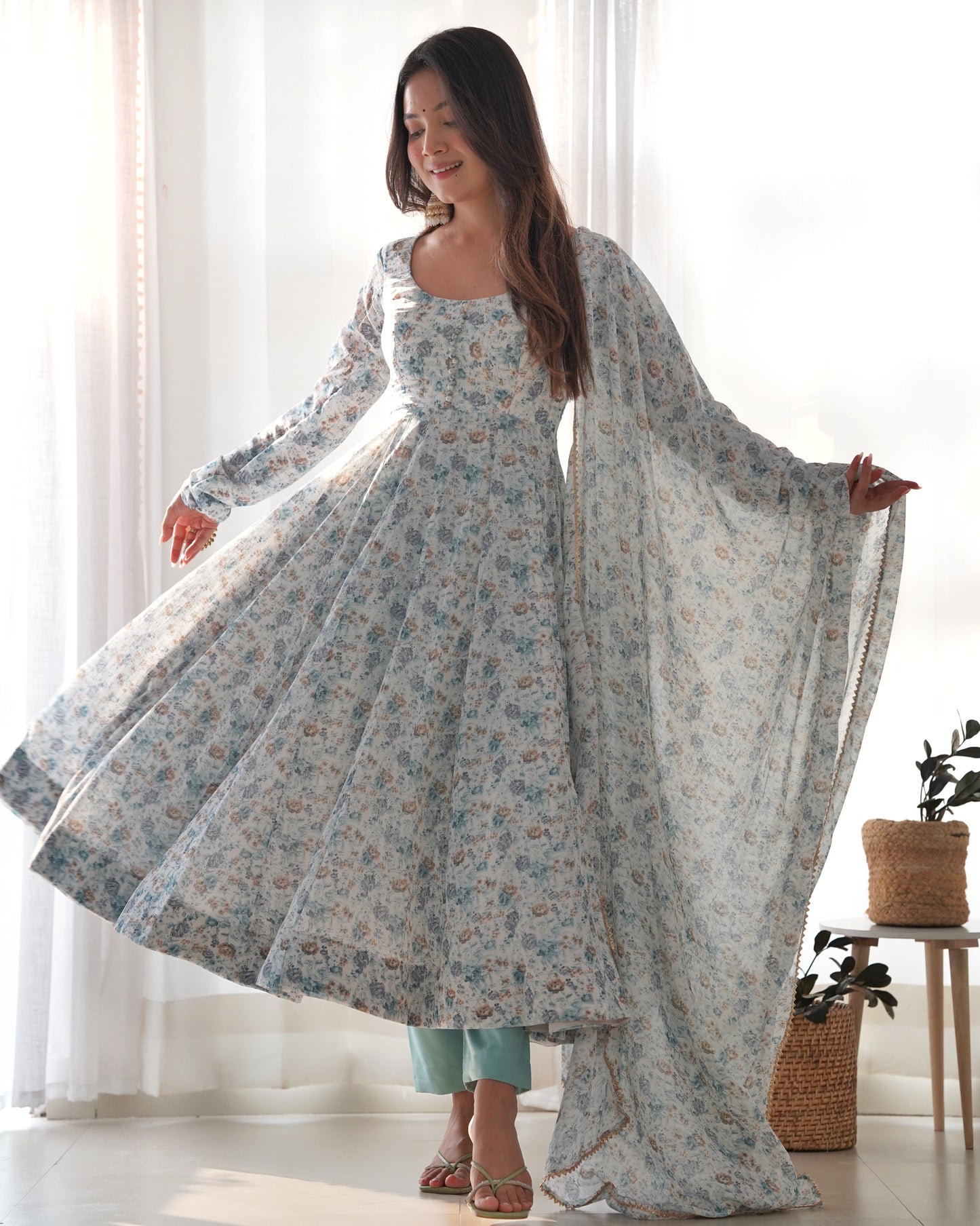 Sky Blue Color Flower Printed Designer Anarkali Gown With Dupatta