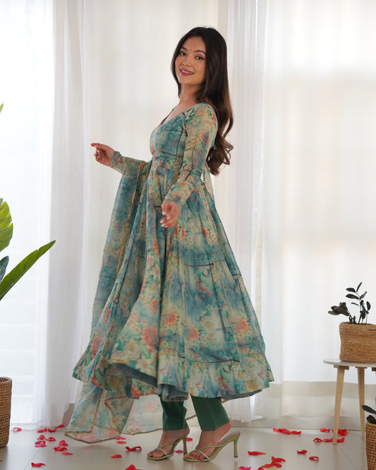 Green Color Soft Organza Silk With Digital Printed Long Anarkali Gown