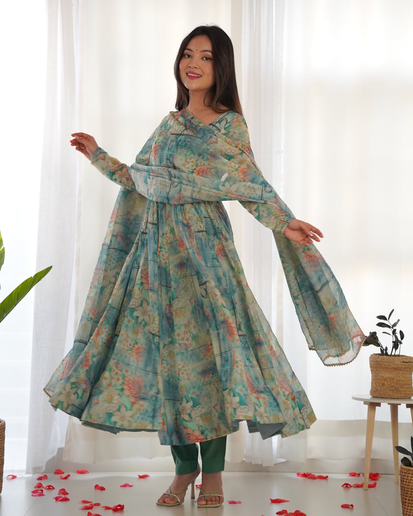 Green Color Soft Organza Silk With Digital Printed Long Anarkali Gown