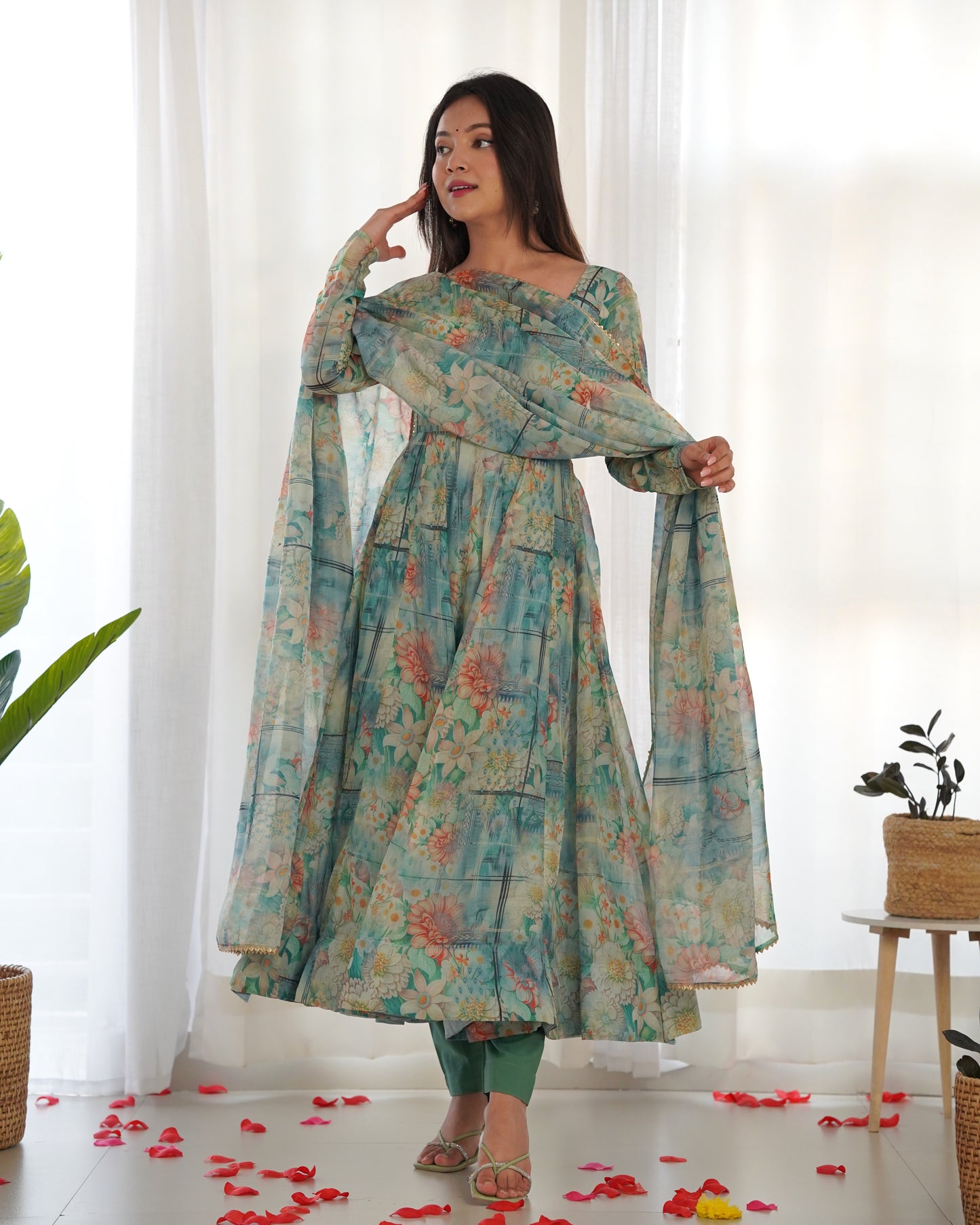 Green Color Soft Organza Silk With Digital Printed Long Anarkali Gown
