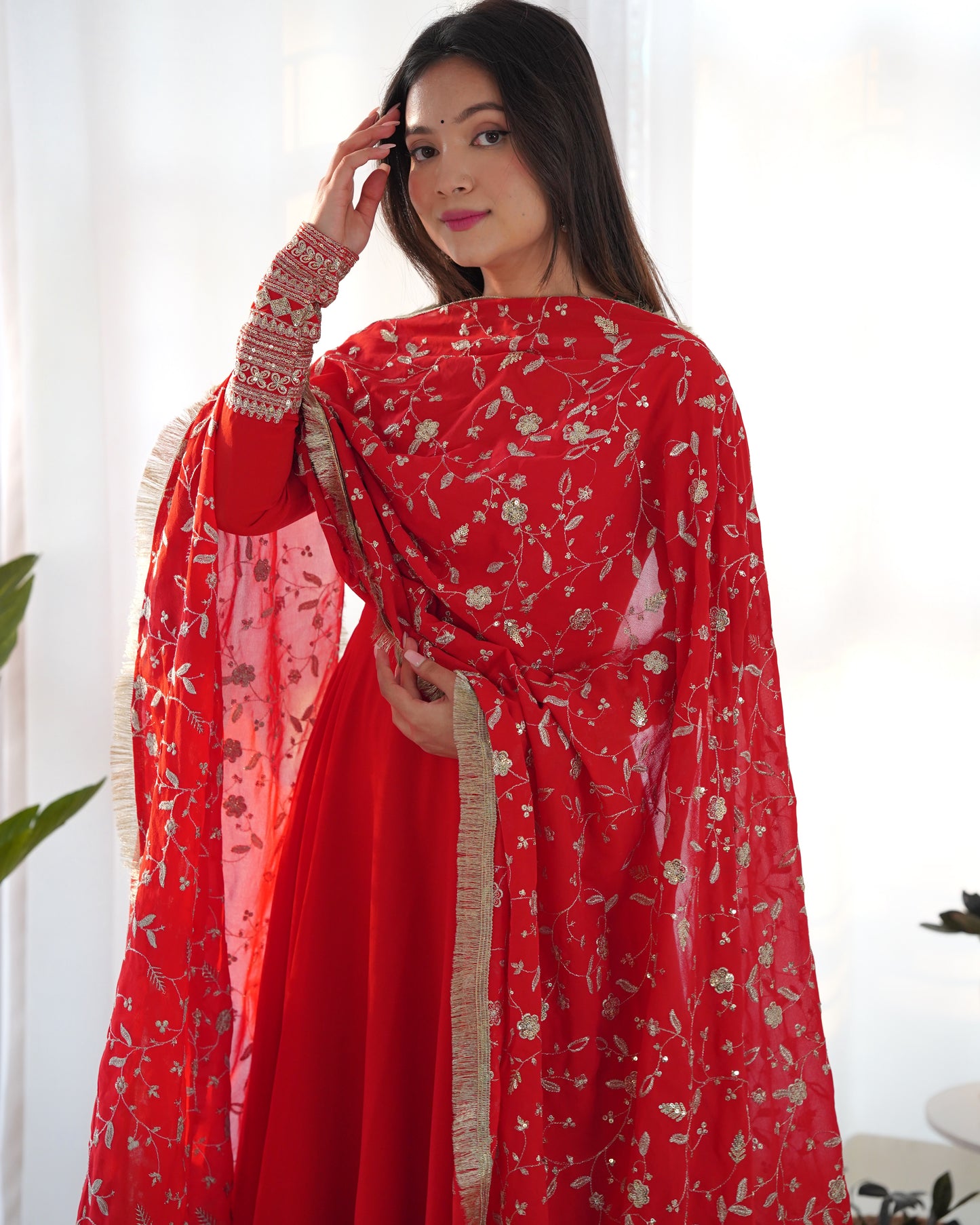 Red Color Heavy Soft Georgette With Sequence Work Long Gown With Dupatta