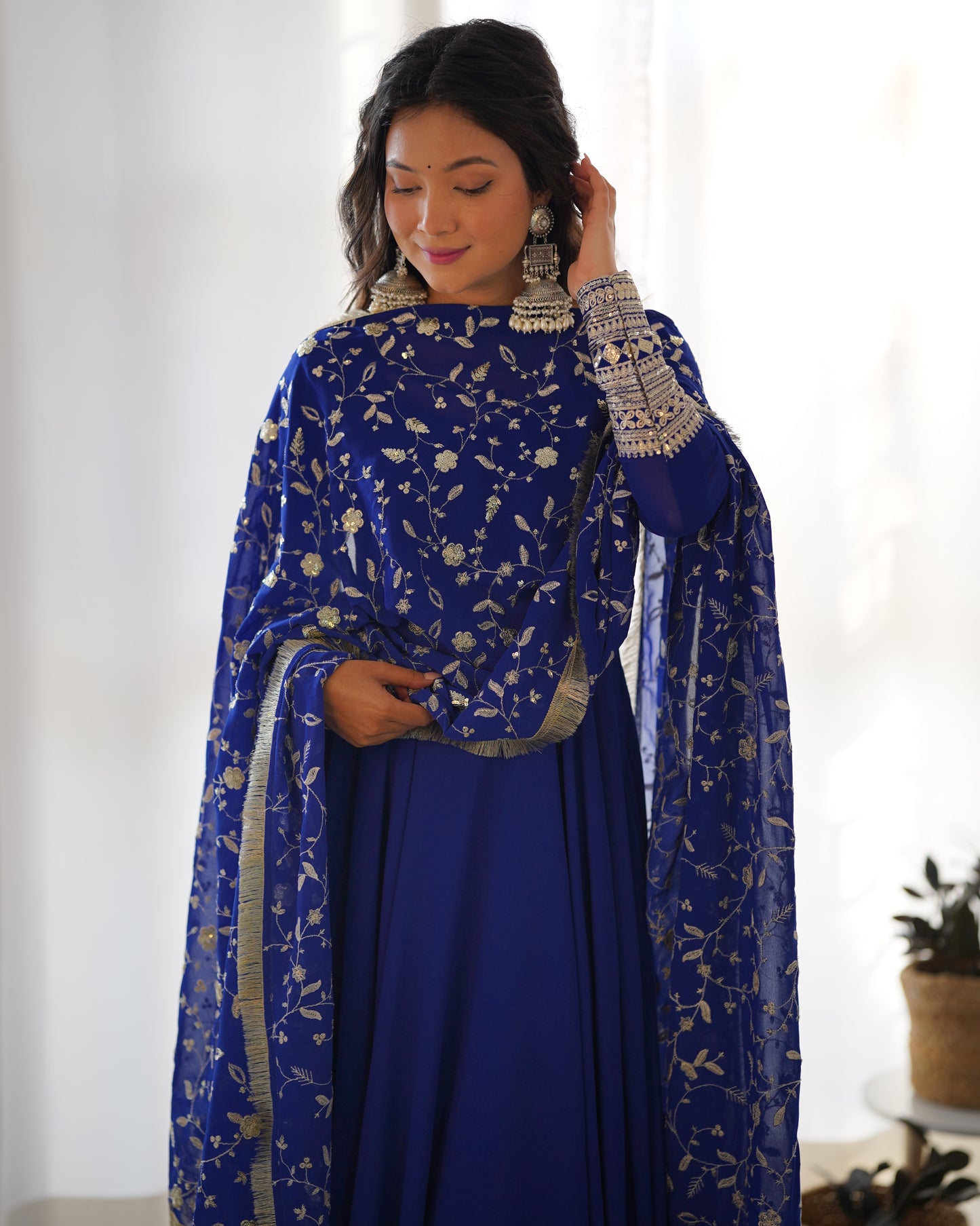 Royal Blue Color Soft Faux Georgette Wear Gown With Heavy Dupatta