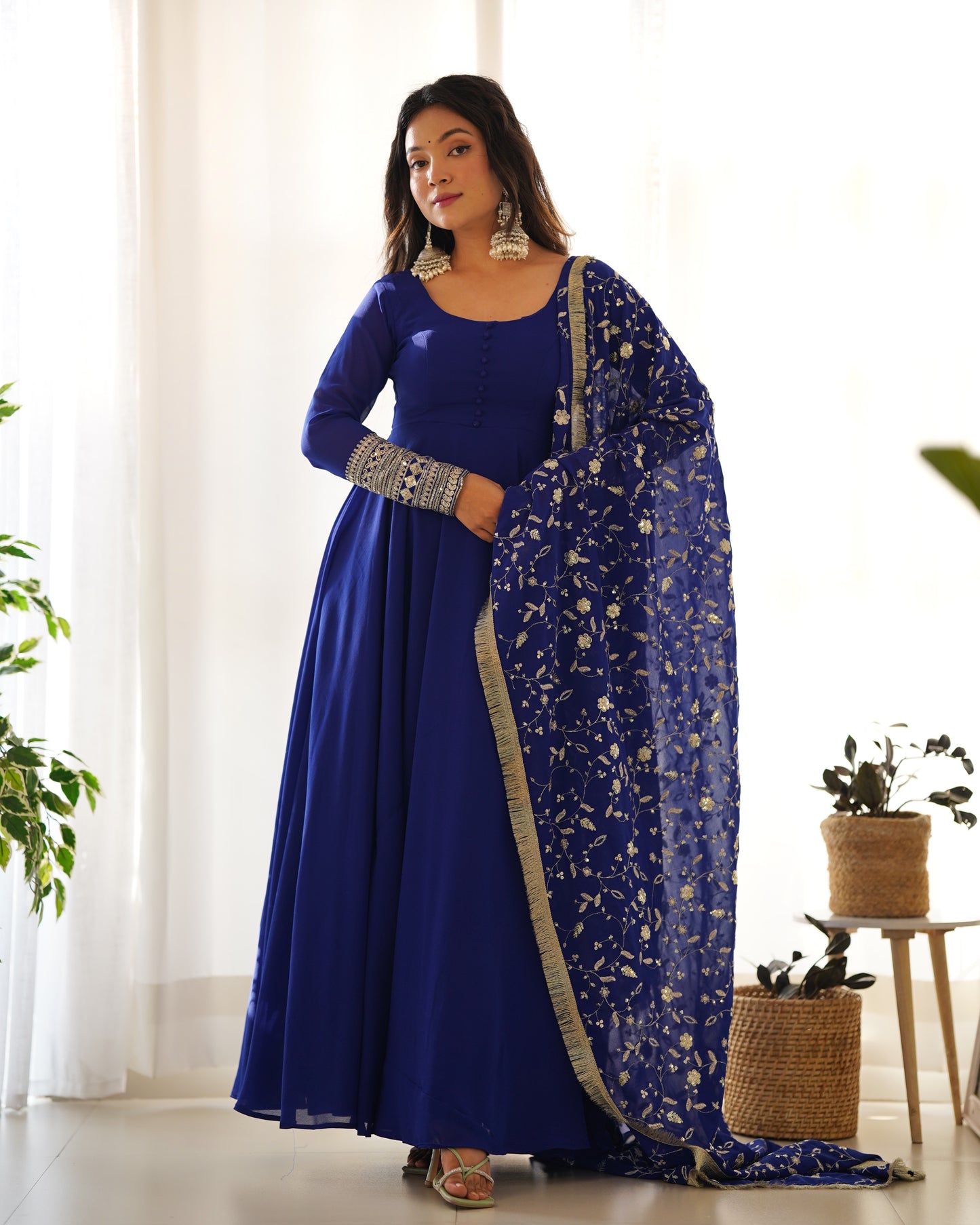 Royal Blue Color Soft Faux Georgette Wear Gown With Heavy Dupatta
