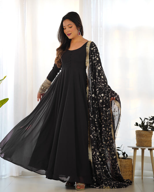 Black Color Heavy Pure Soft Georgette With Sequence Work Gown With Dupatta