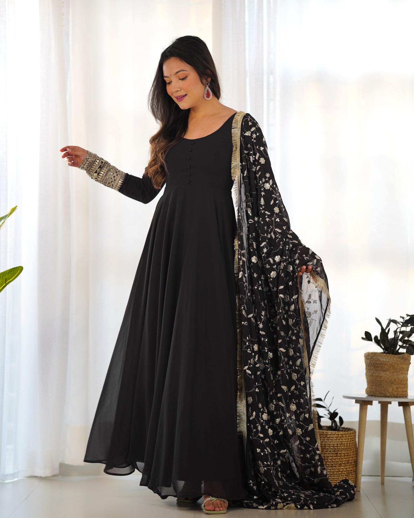 Black Color Heavy Pure Soft Georgette With Sequence Work Gown With Dupatta