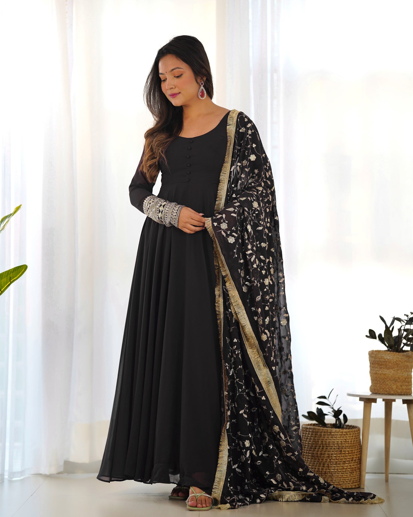 Black Color Heavy Pure Soft Georgette With Sequence Work Gown With Dupatta