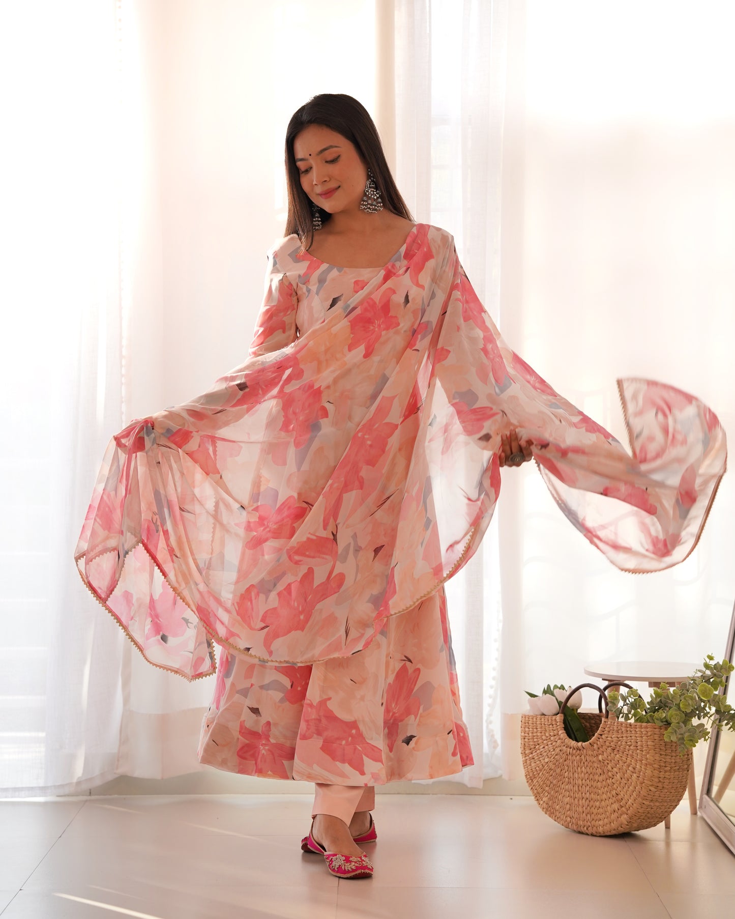 Pink Color Faux Georgette With Floral Print Anarkali Suit