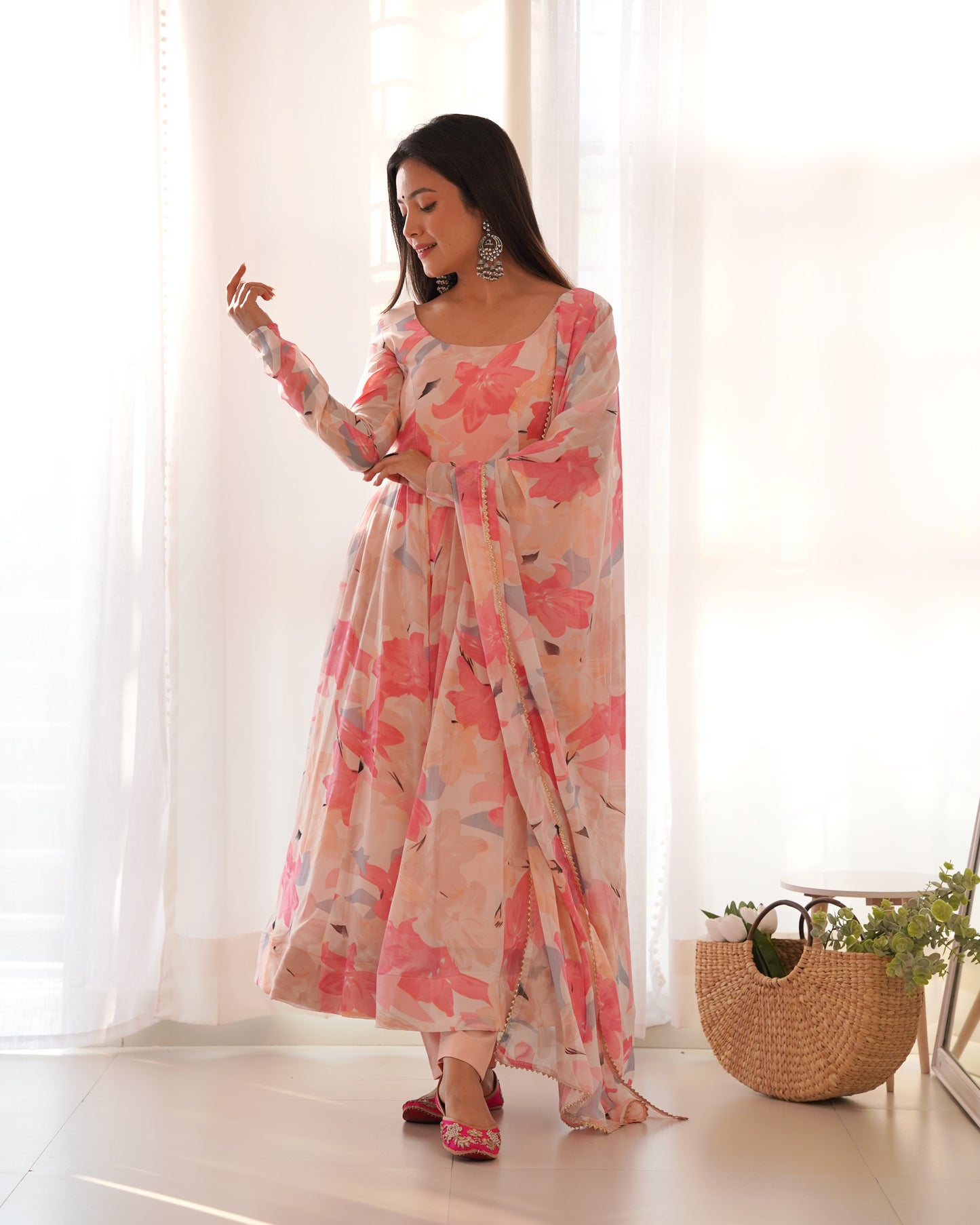 Pink Color Faux Georgette With Floral Print Anarkali Suit