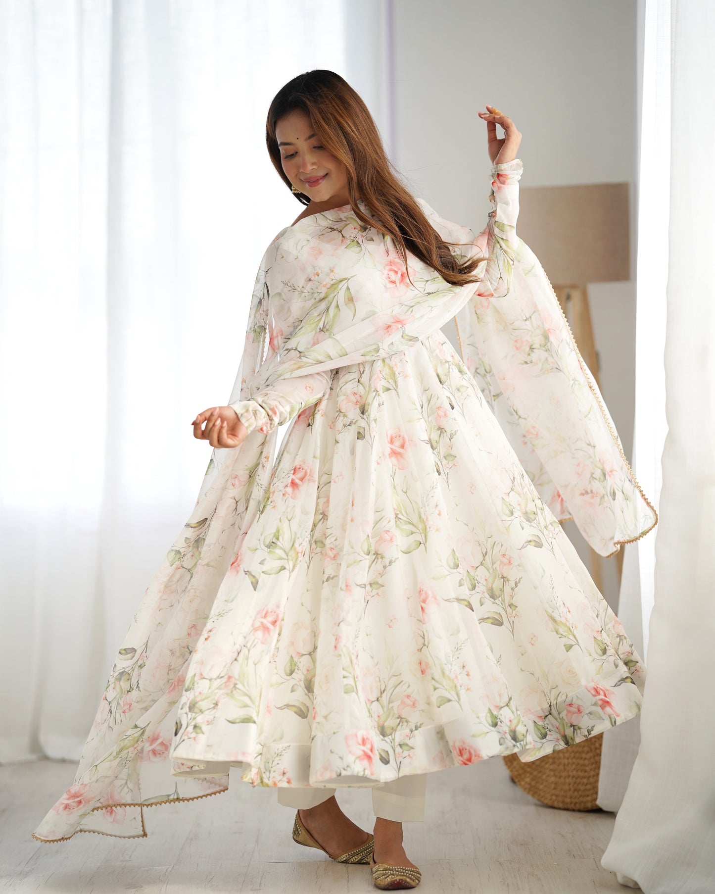 White Color Pure Soft Organza Silk With Digital Printed Anarkali Gown With Dupatta