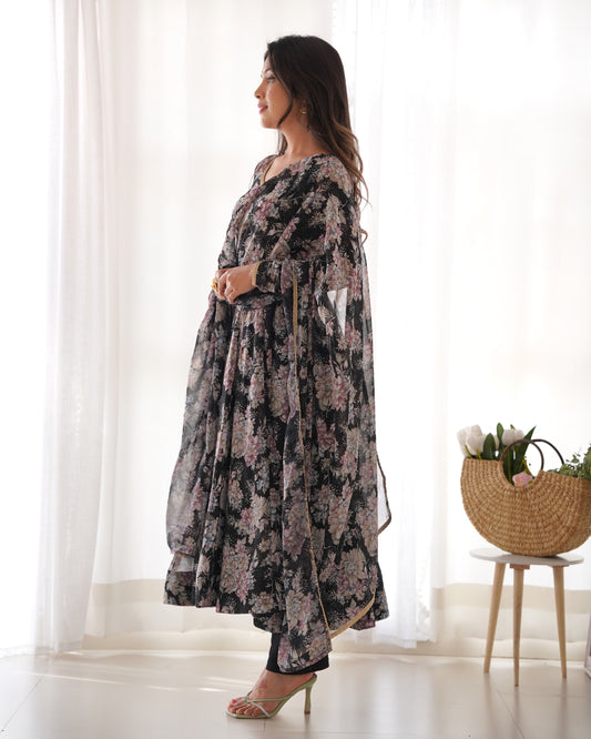 Black Color Digital Printed Anarkali Gown With Dupatta