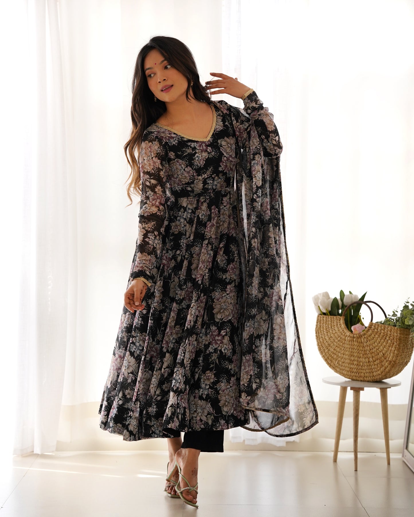 Black Color Digital Printed Anarkali Gown With Dupatta