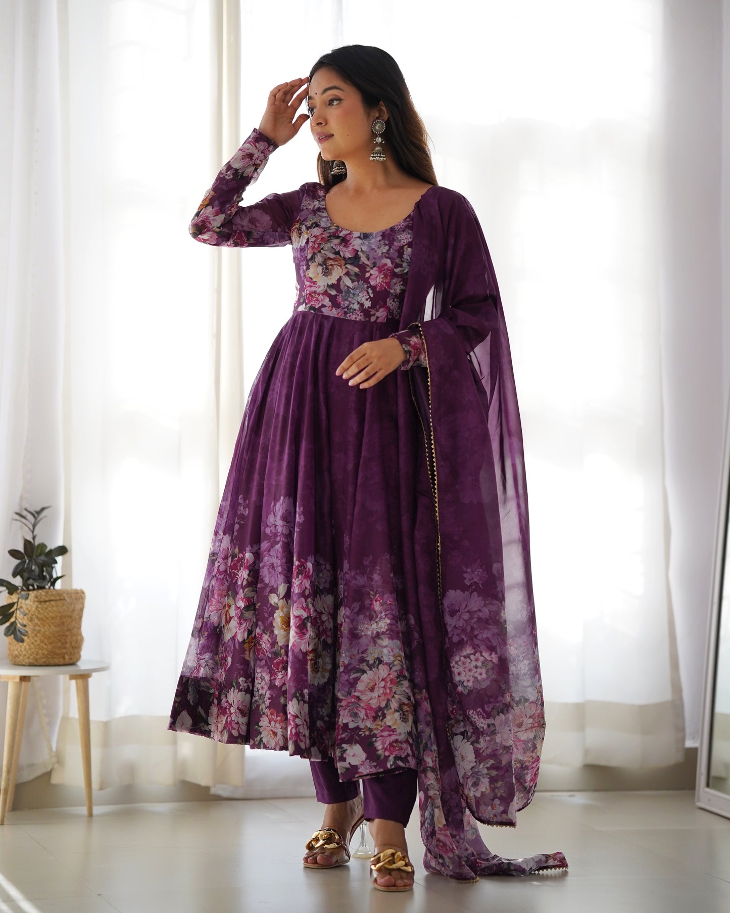 Purple Color Organza Silk With Digital Printed Long Gown With Dupatta