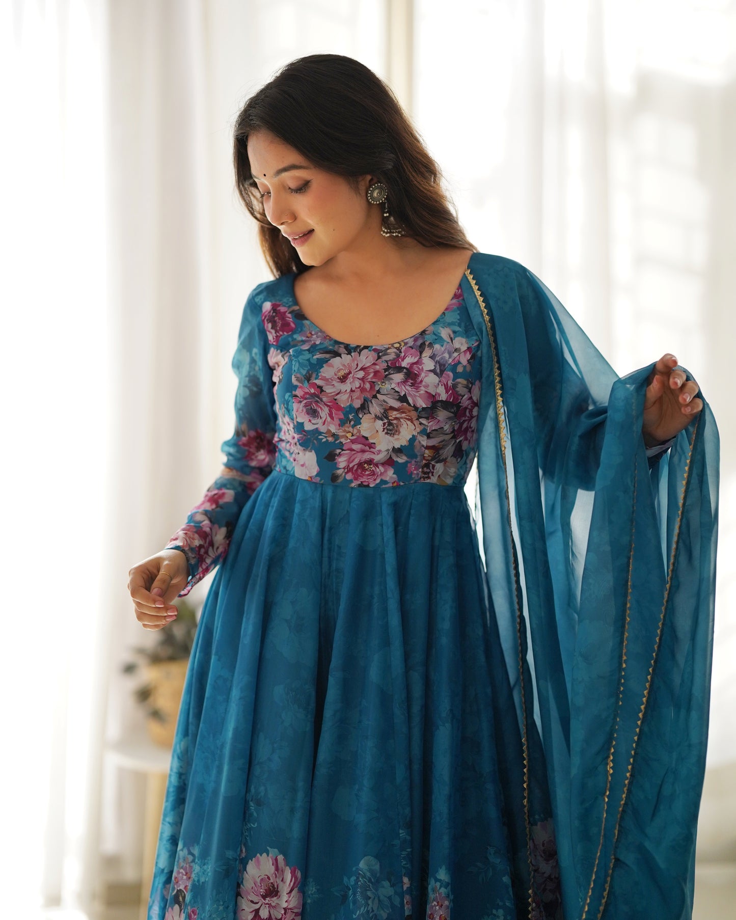 Sky Blue Color Organza Silk With Digital Printed Anarkali Gown