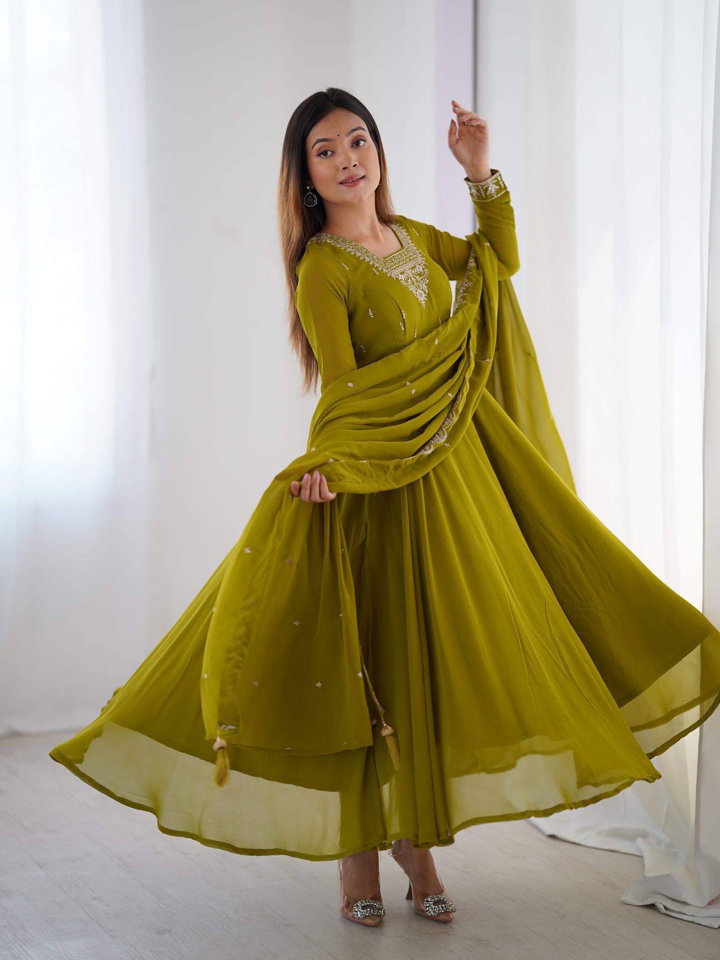 Parrot Green Soft Faux Georgette Jari Work Anarkali Gown
