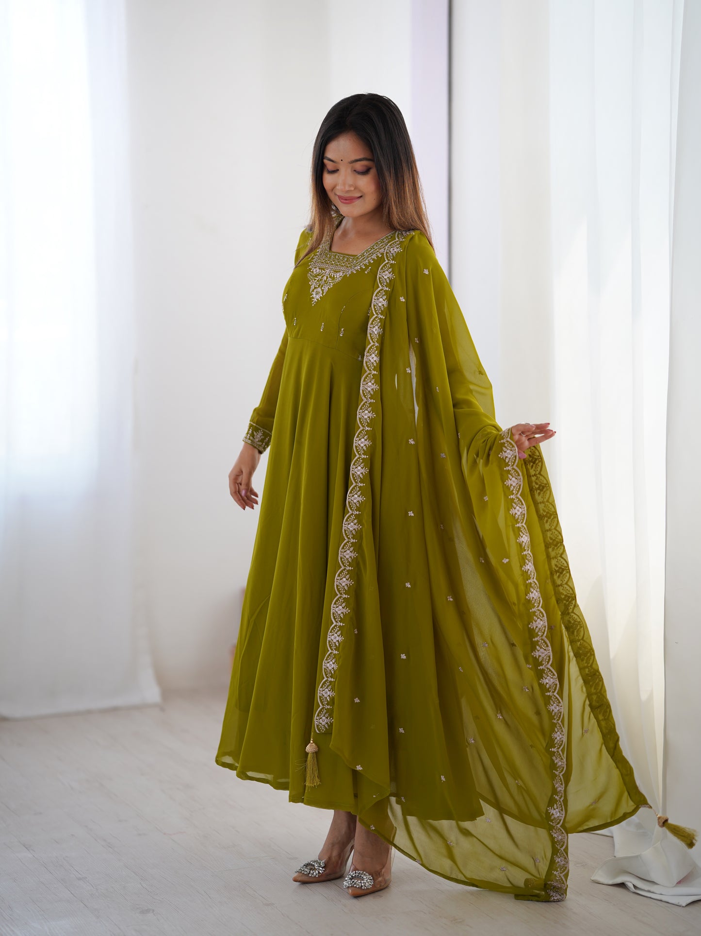 Parrot Green Soft Faux Georgette Jari Work Anarkali Gown