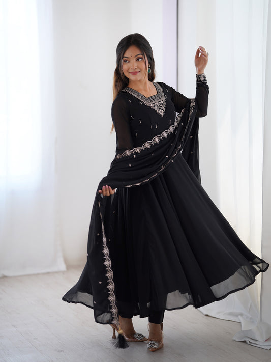 Black Color Heavy Soft Georgette With Embroidery Work Anarkali Gown