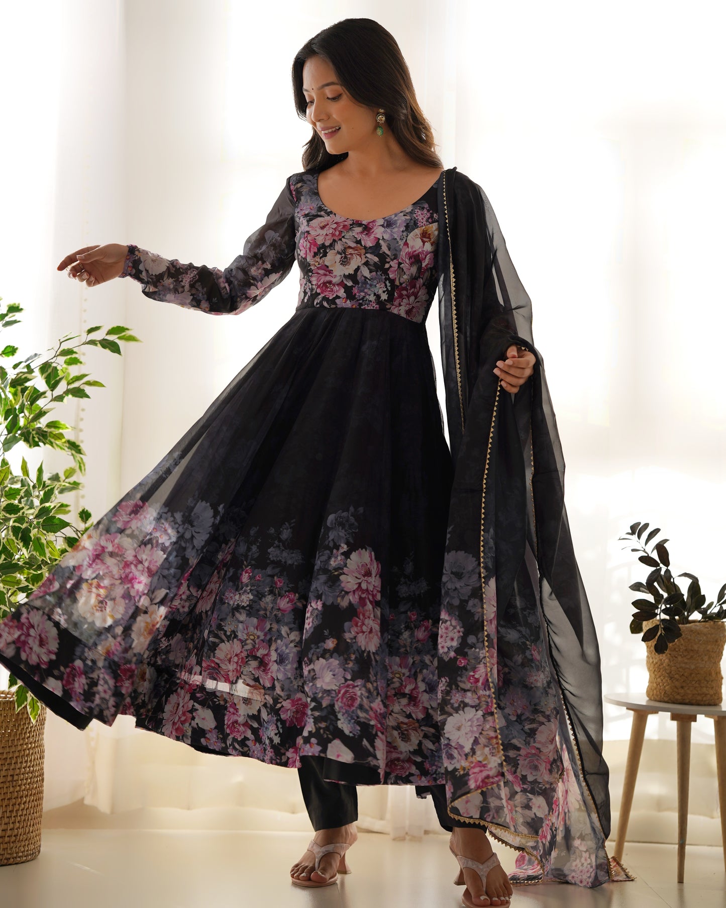 Black Color Soft Organza With Flower Printed Long Anarkali Gown