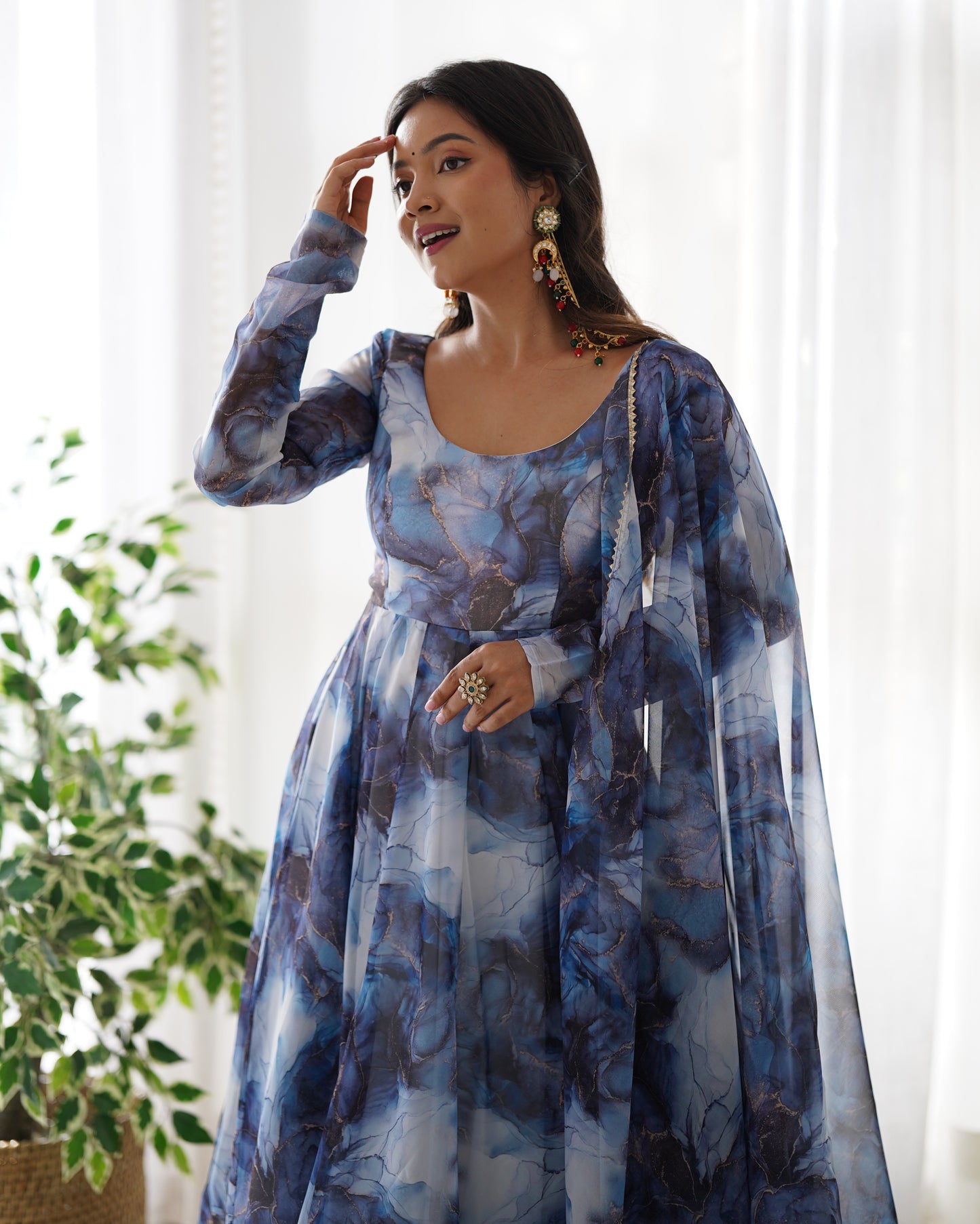 Blue Color Organza Silk With Digital Printed Flower Printed Anarkali Gown