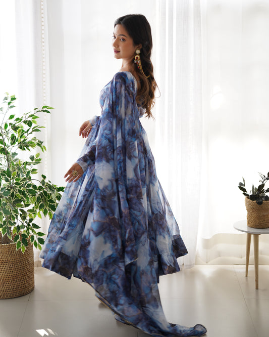 Blue Color Organza Silk With Digital Printed Flower Printed Anarkali Gown