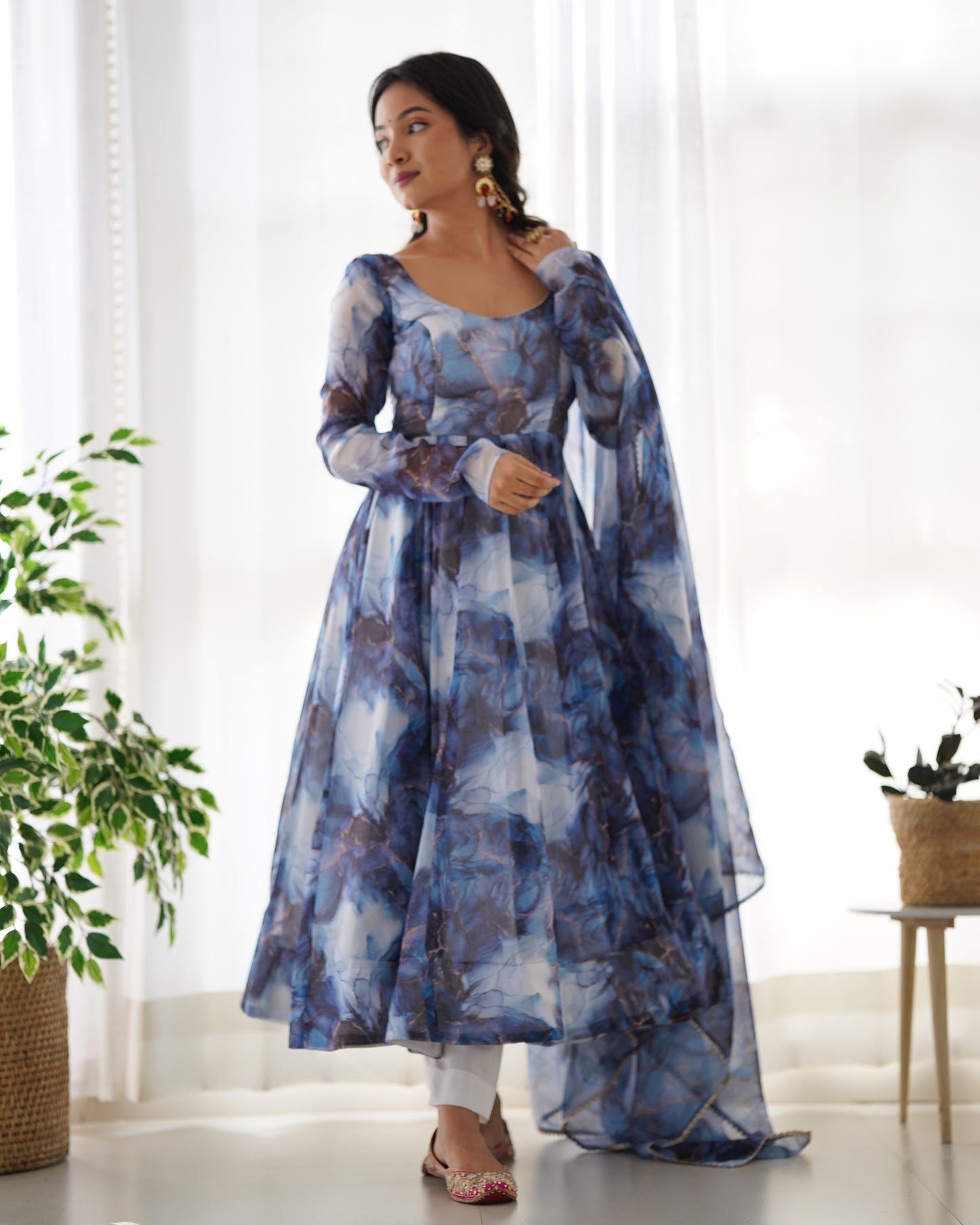 Blue Color Organza Silk With Digital Printed Flower Printed Anarkali Gown