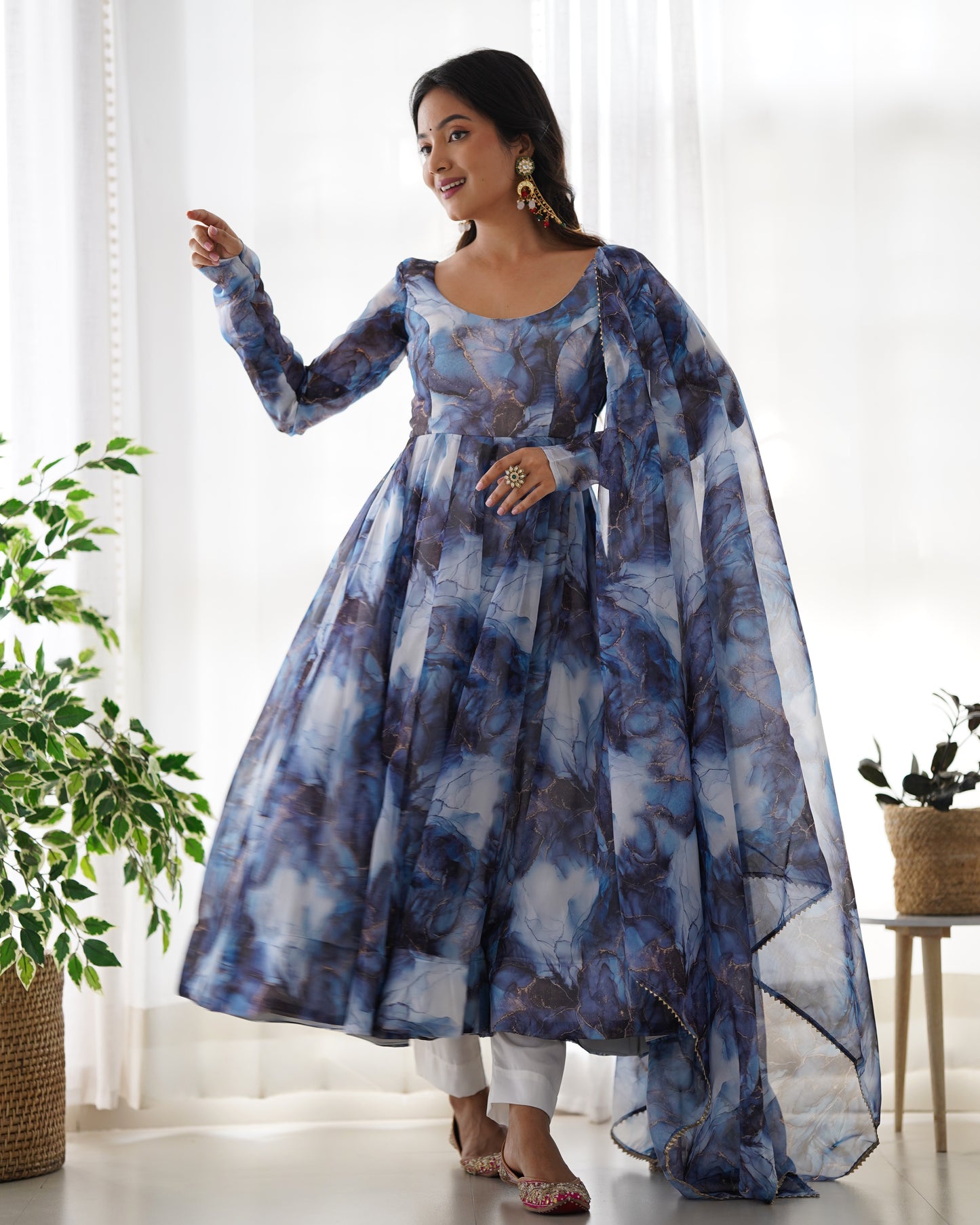 Blue Color Organza Silk With Digital Printed Flower Printed Anarkali Gown