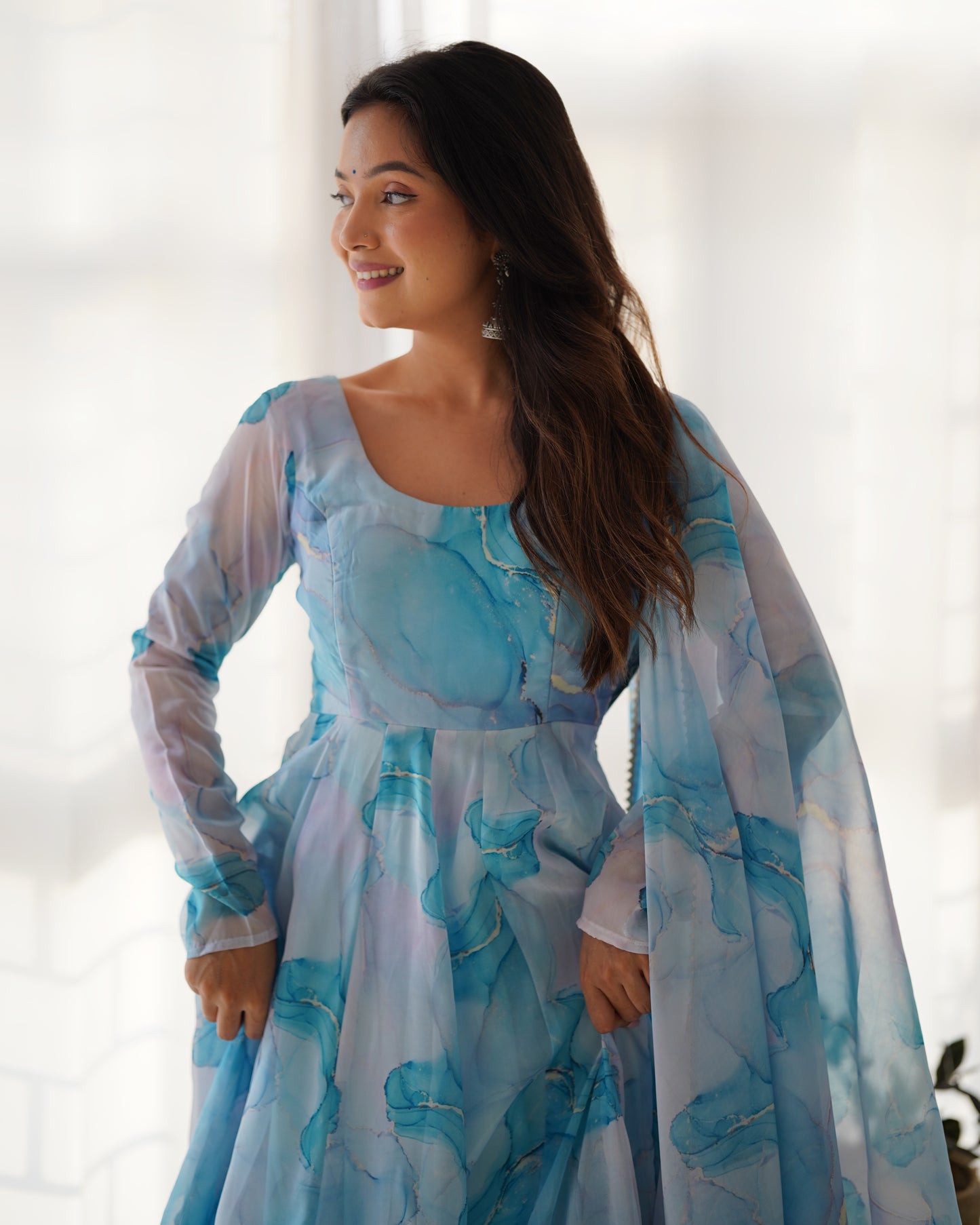 Sky Blue Color Organza Silk With Flower Digital Printed Long Anarkali Gown