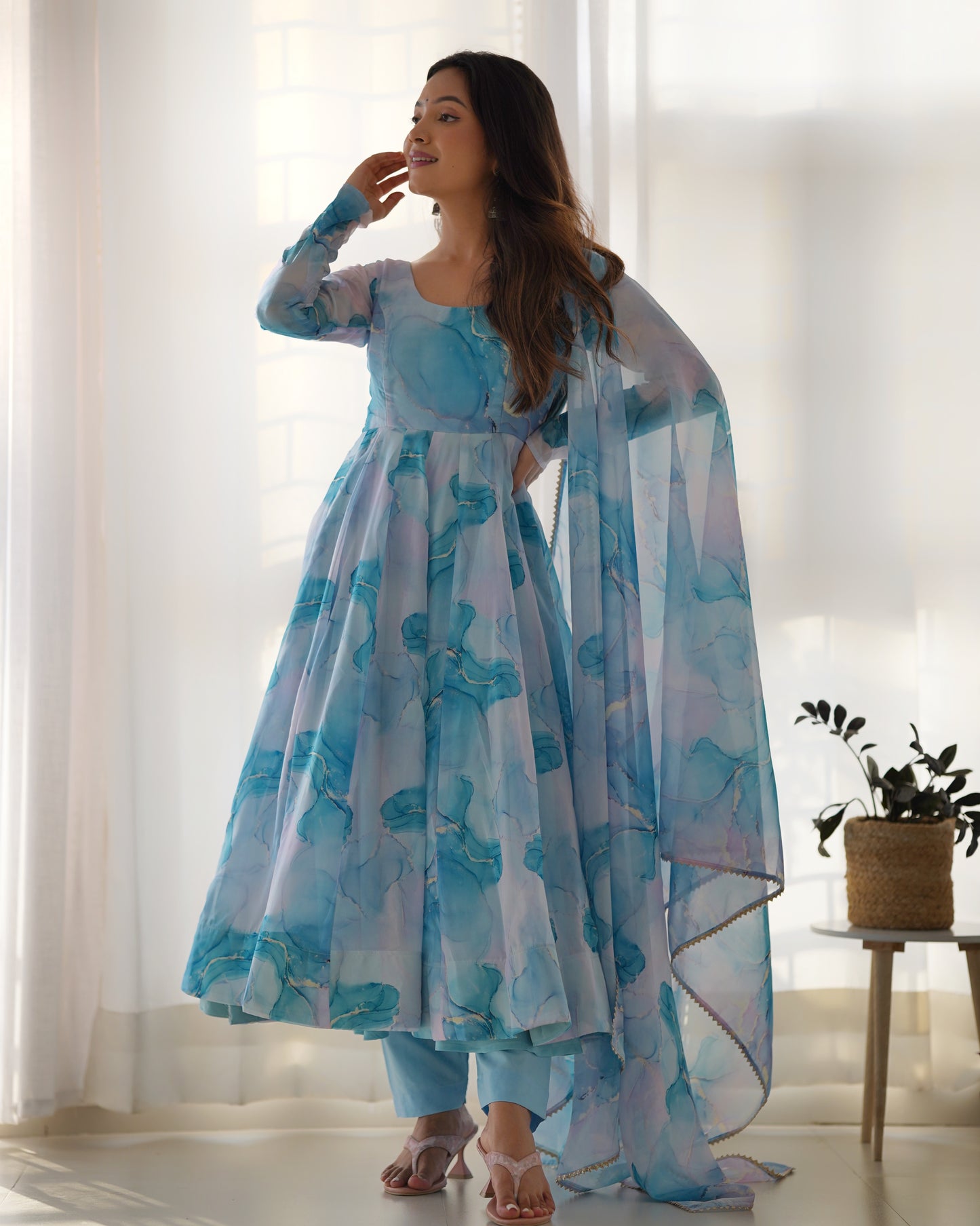 Sky Blue Color Organza Silk With Flower Digital Printed Long Anarkali Gown