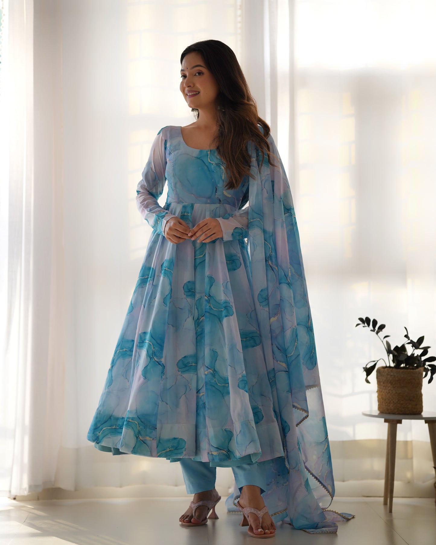 Sky Blue Color Organza Silk With Flower Digital Printed Long Anarkali Gown