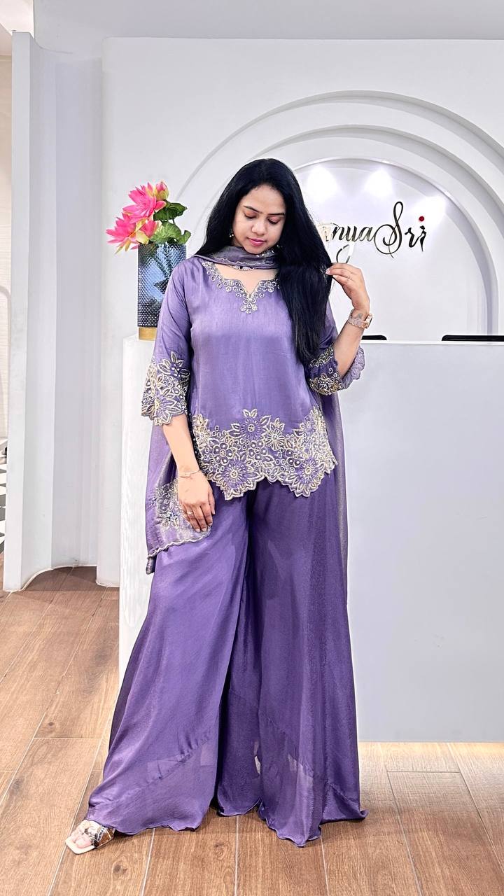 Light Purple Color Georgette With Embroidery Work Sharara Suit