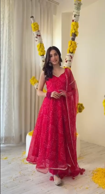 Red Color Digital Printed Organza Silk Fully Flair Anarkali Suit