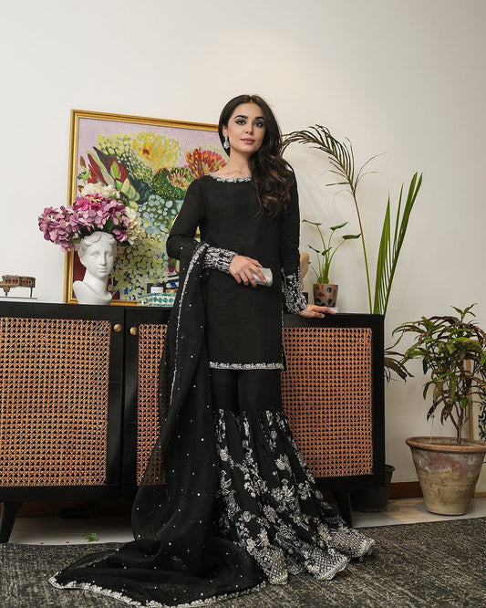 Black Colour Festive Wear Embroidery Sequence Work Sharara Suit
