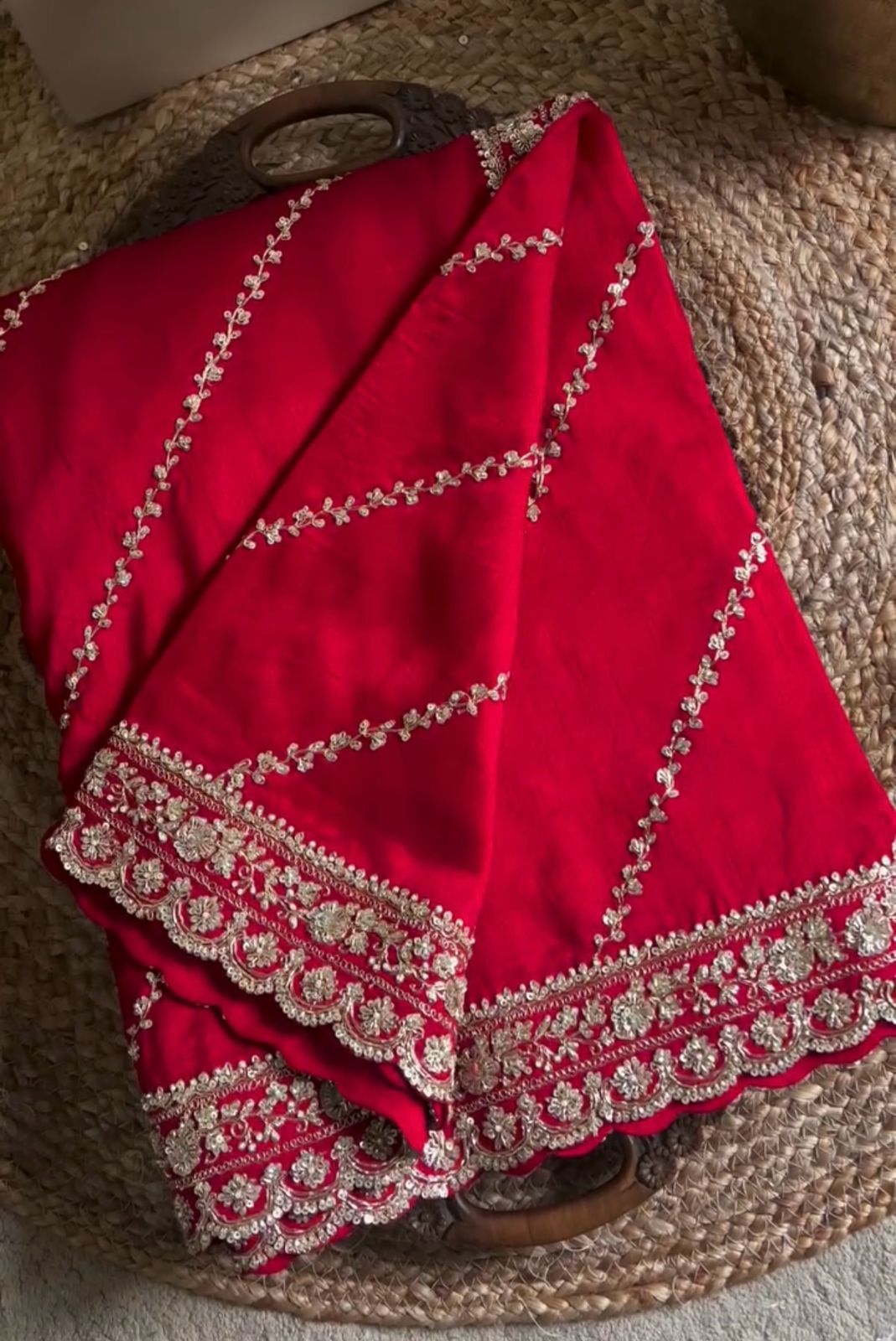 Red Color Chinon Silk With Sequence Work Saree For Wedding