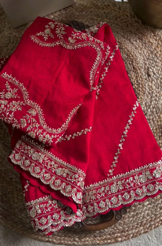Red Color Chinon Silk With Sequence Work Saree For Wedding