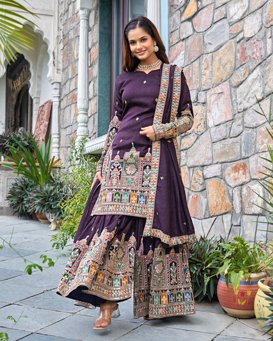 Purple Color Chinon Silk With Embroidery Work Sharara Suit