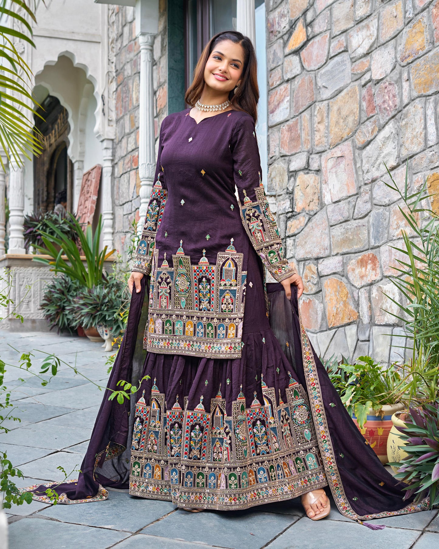 Purple Color Chinon Silk With Embroidery Work Sharara Suit