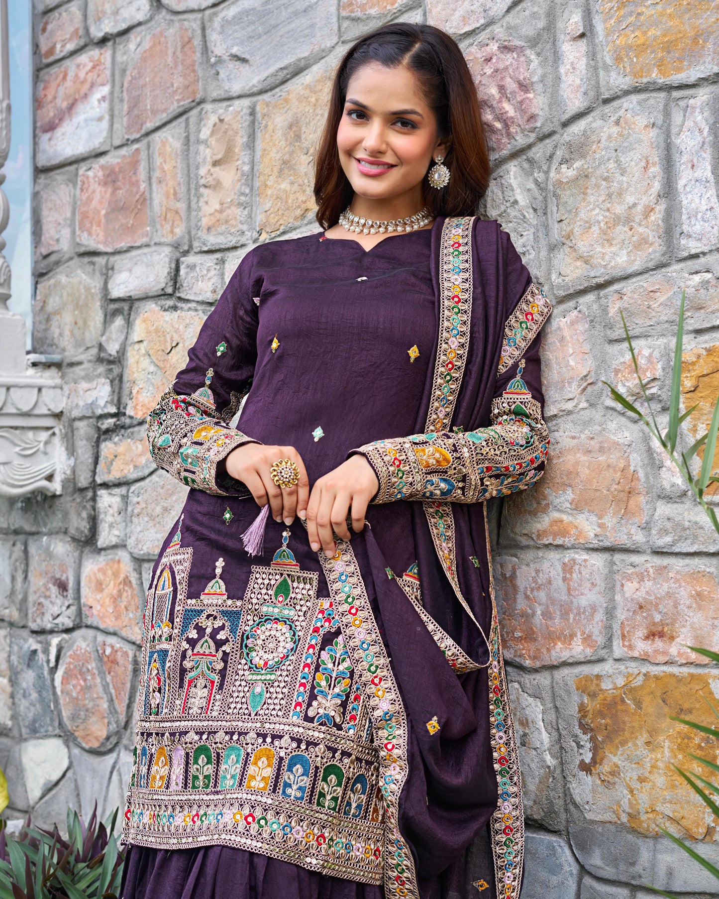 Purple Color Chinon Silk With Embroidery Work Sharara Suit