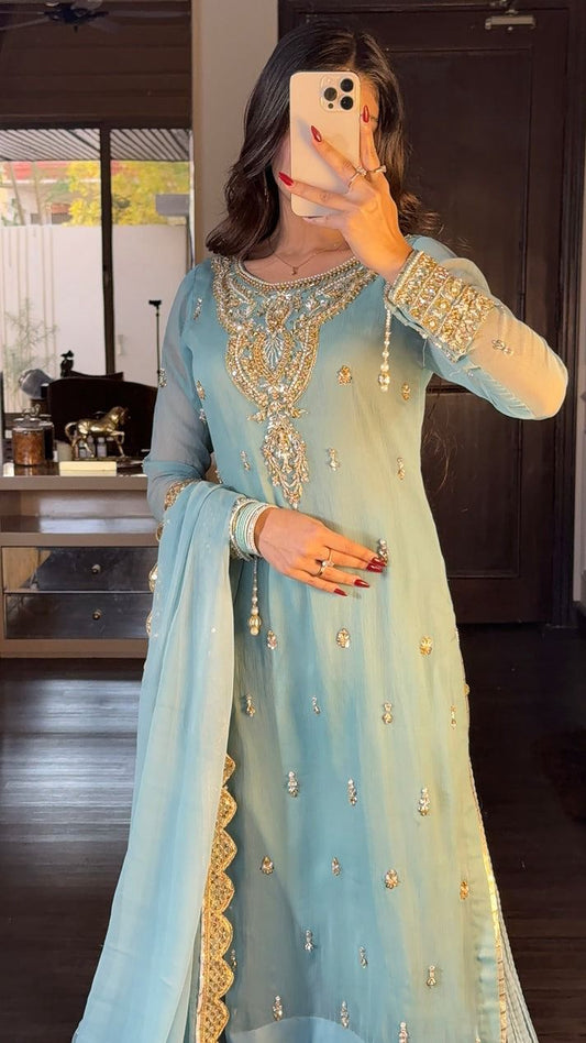 Sky Blue Color Faux Georgette With Sequence Work Sharara Suit