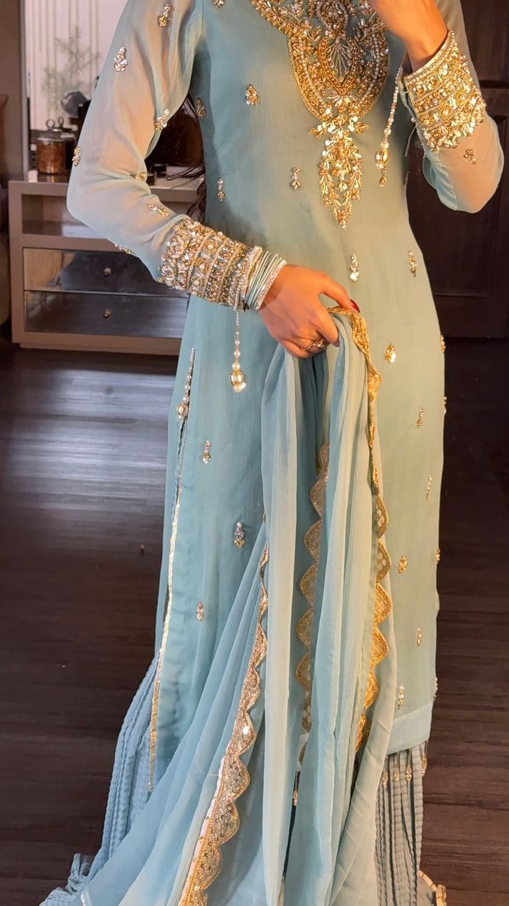 Sky Blue Color Faux Georgette With Sequence Work Sharara Suit