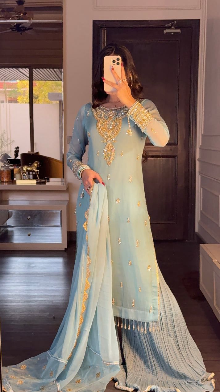 Sky Blue Color Faux Georgette With Sequence Work Sharara Suit